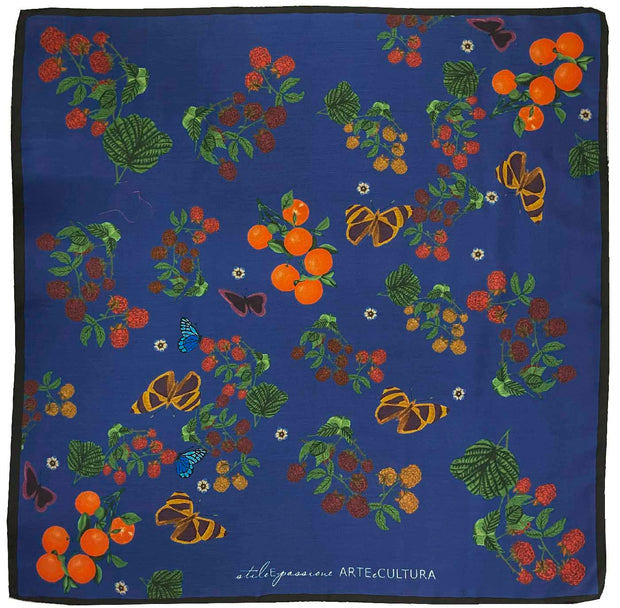 Bandana foulard blue in seta cotone con mandarini e foglie stampate