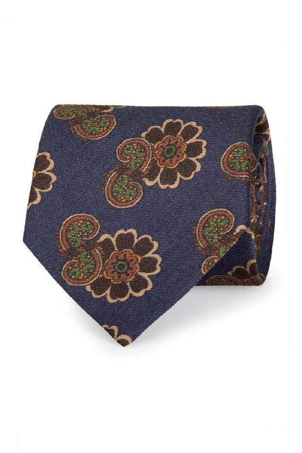 Cravatta stampata blu e marrone con fiori in twill di seta  - Fumagalli 1891