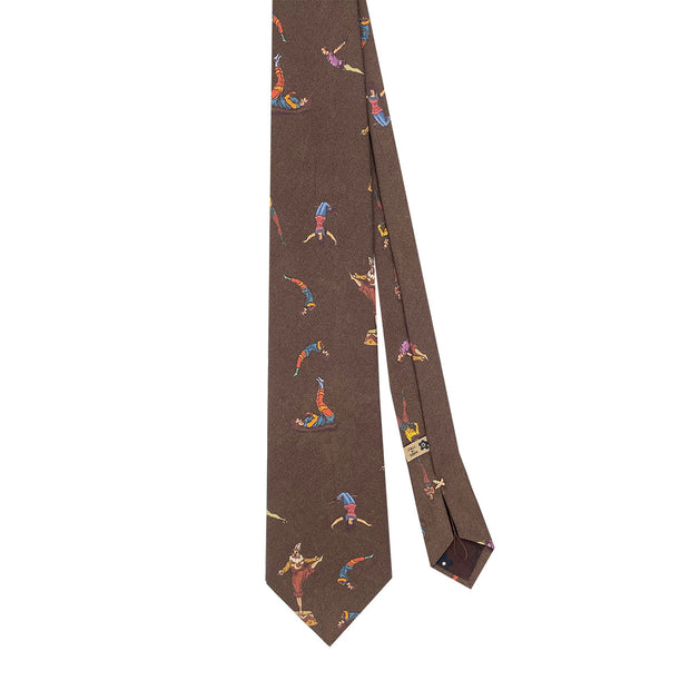 Brown circus design printed silk hand made tie