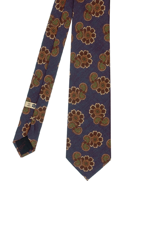 Cravatta stampata blu e marrone con fiori in twill di seta  - Fumagalli 1891
