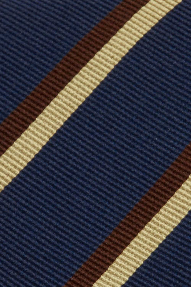 Cravatta in pura seta a righe asimmetriche blu, gialle e marroni  - Fumagalli 1891