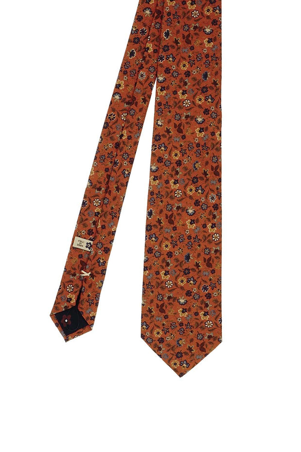 Orange floral design printed silk handmade tie