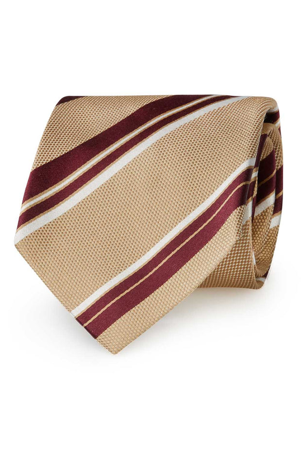 Beige, white &burgundy asymmetrical striped silk hand made tie