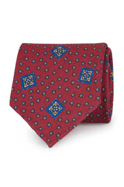 Red medallion printed unlined silk & wool hand made tie