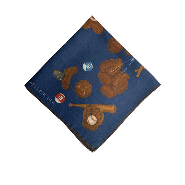 Fazzoletto blu in seta-cotone con design dello sport 