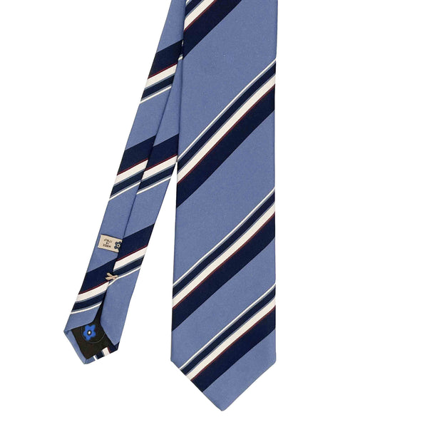 Cravatta in seta con righe assimmetriche azzurre, blu e bianche - Fumagalli 1891