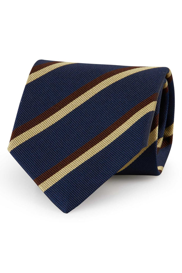 Blue, yellow & brown striped jacquard regimental hand made tie