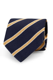 Cravatta blu a piccole righe gialle cucita a mano in pura seta- Fumagalli 1891