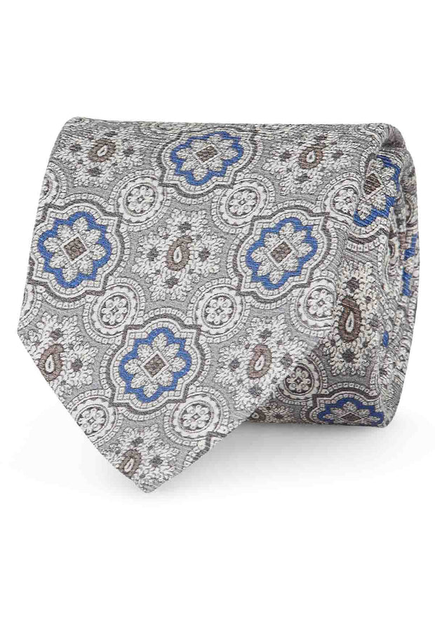 White, light blue & grey diamonds printed silk hand made tie