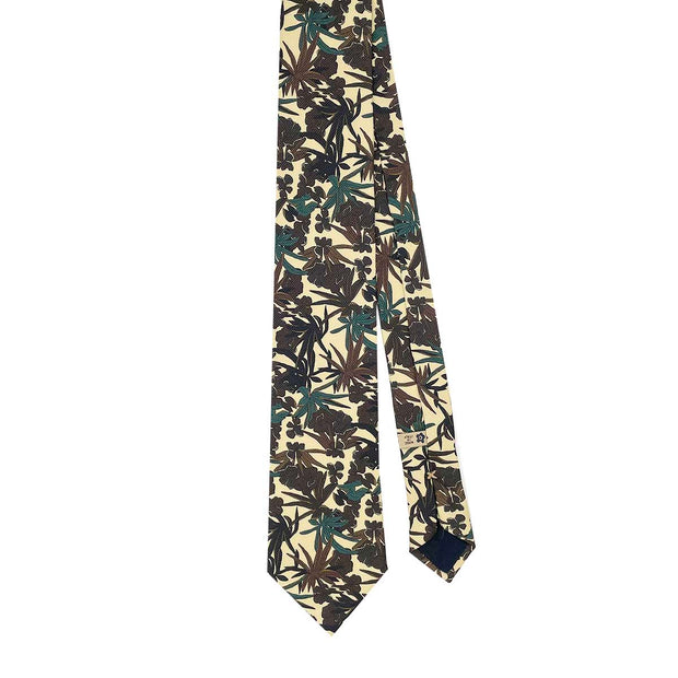 TOKYO - Beige leaves green and brown pattern printed silk hand made tie