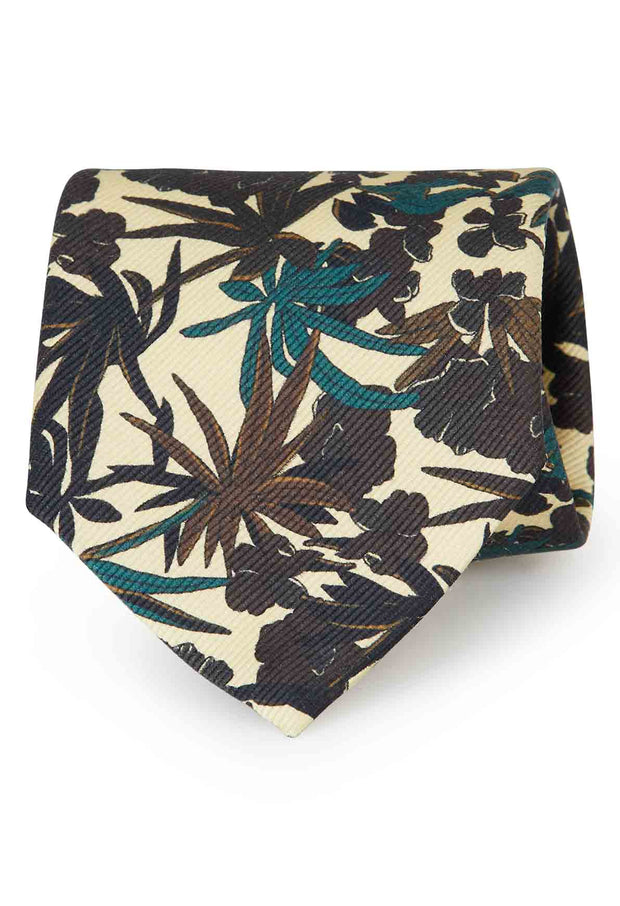 TOKYO - Beige leaves green and brown pattern printed silk hand made tie