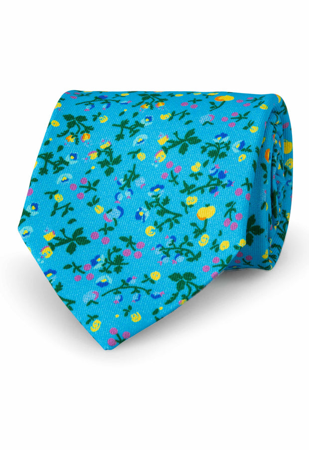 Light blue, green, yellow & purple floral patterned printed silk hand made tie