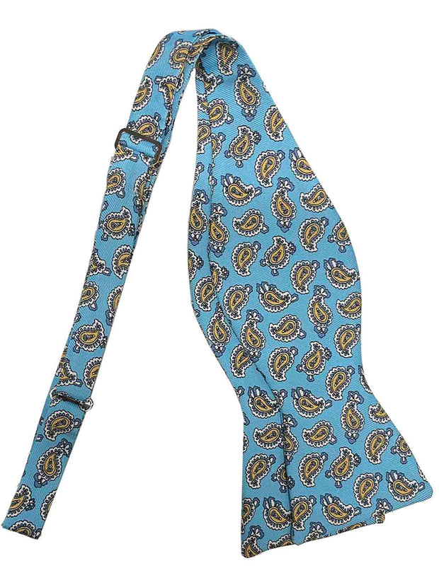 Light blue yellow paisley printed self-tie bow tie