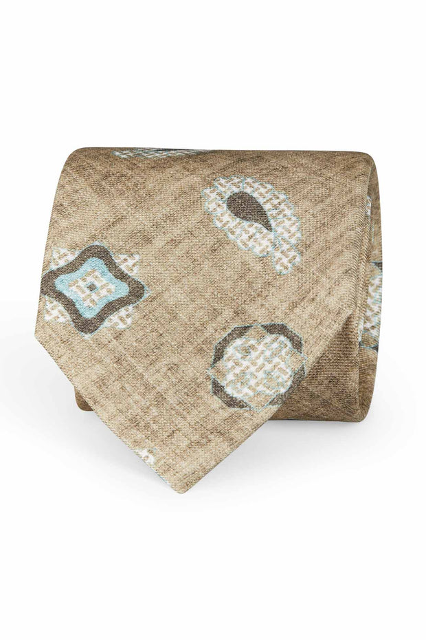 TOKYO - Cravatta effetto melange stampata in seta beige con paisley e diamanti