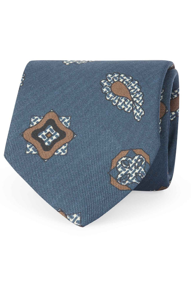 TOKYO - Blue medallion and paisley patterned silk printed hand made tie