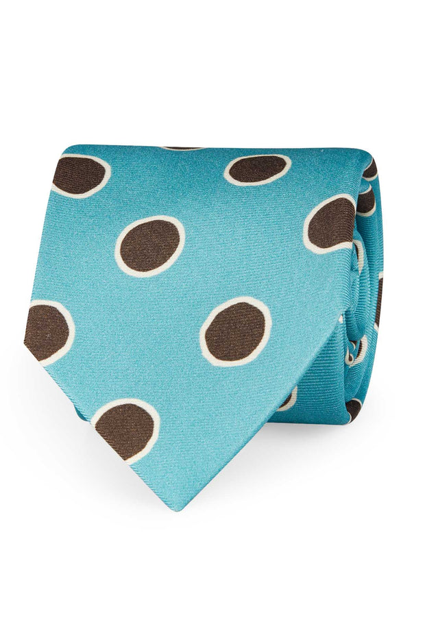 TOKYO - Light blue macro brown dots printed silk tie
