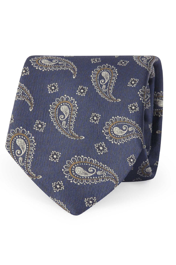 Blue paisley different length silk hand made tie