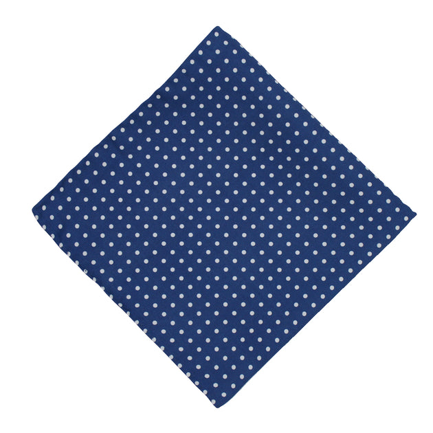 Navy Blue Silk Wool Pocket Square with Printed geometric medallions in  green, blue and orange with
