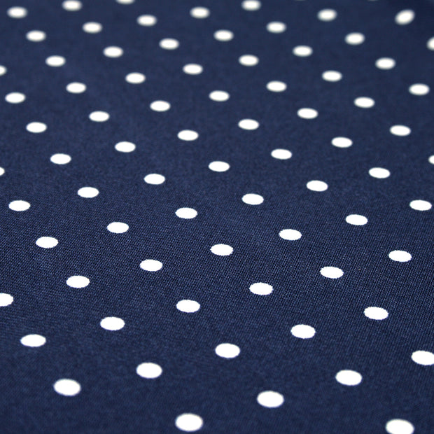 dark blue pocket square, big white polka dots