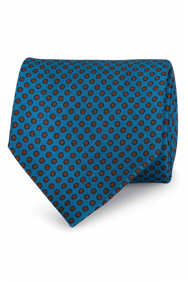 Cravatta stampata azzurra in misto seta- lana con piccoli pois marroni - Fumagalli 1891