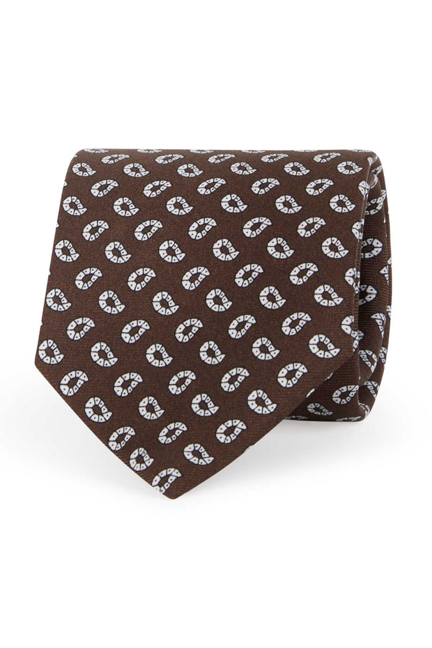 TOKYO - Cravatta stampata in seta marrone con piccoli paisley 