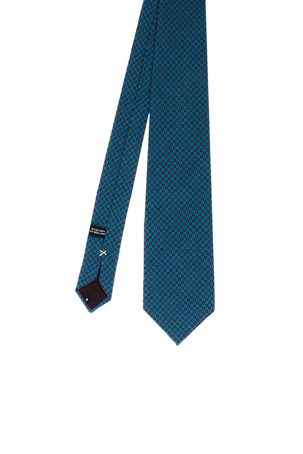 Cravatta stampata azzurra in misto seta- lana con piccoli pois marroni - Fumagalli 1891