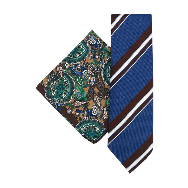combination of blue regtimental tie and brown paisley pocket square