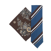 light blue regimental tie and brown pocket square