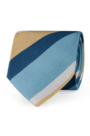 Cravatta a righe asimmetriche gialla, blu e azzurra in seta - Fumagalli 1891