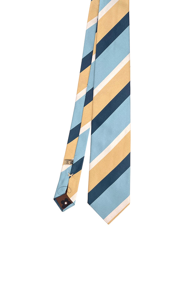 Cravatta a righe asimmetriche gialla, blu e azzurra in seta - Fumagalli 1891