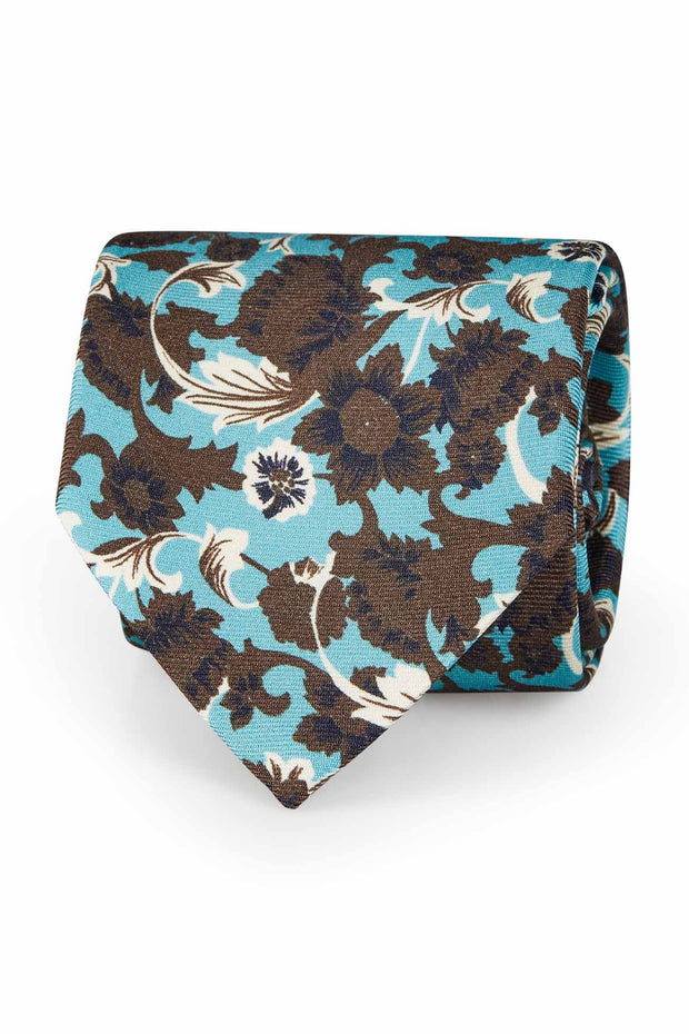 TOKYO - Light blue macro brown floral silk printed hand made tie