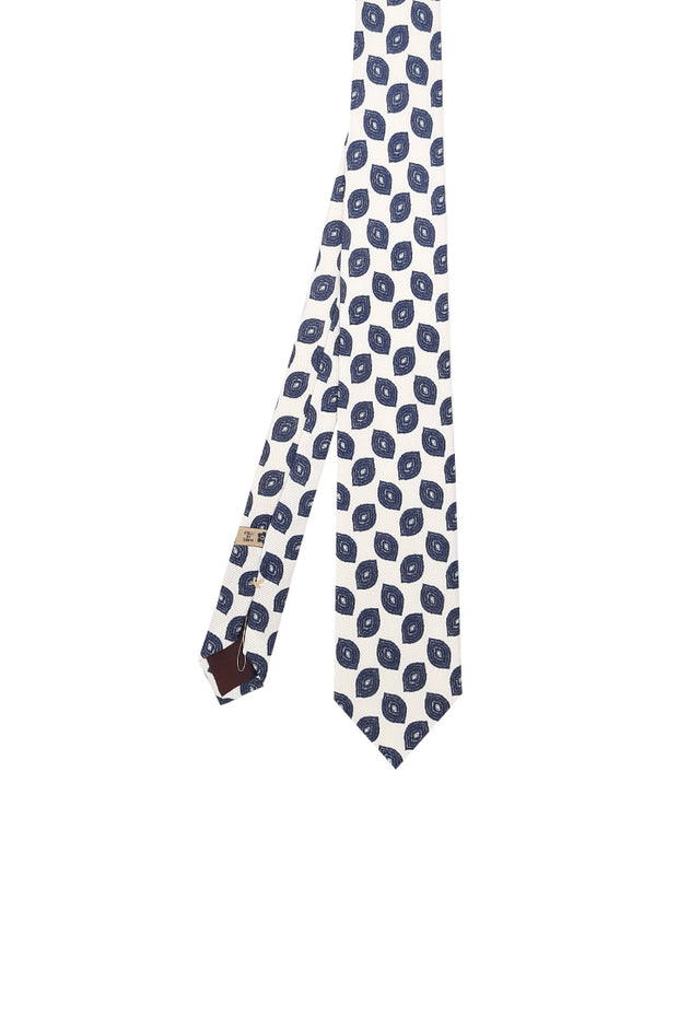 Cravatta stampata in pura seta bianca e blu con motivo vintage