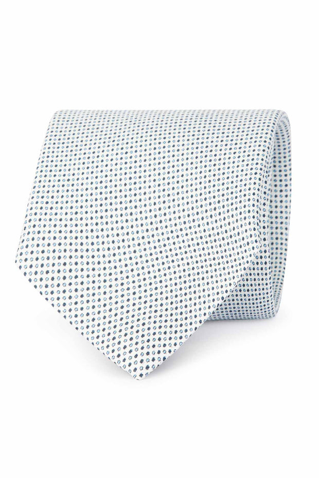 White printed tie with light blue and blue micro design