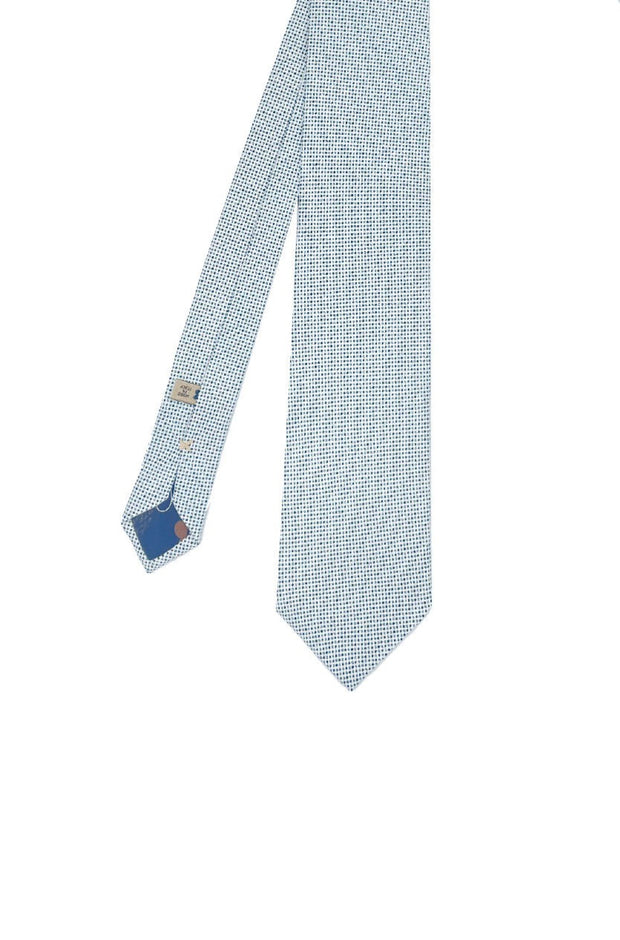 White printed tie with light blue and blue micro design