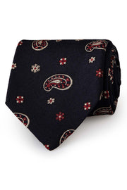Dark blue & red paisley & floral jacquard silk & wool hand made tie