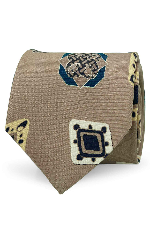 TOKYO - Beige macro medallion & diamonds vintage printed hand made silk tie