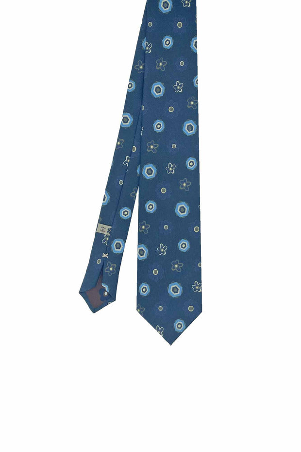 TOKYO - Blue floral and geometric diamonds design printed silk hand made tie