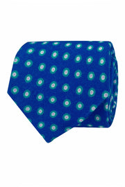 Blue floral pattern printed wool hand made tie