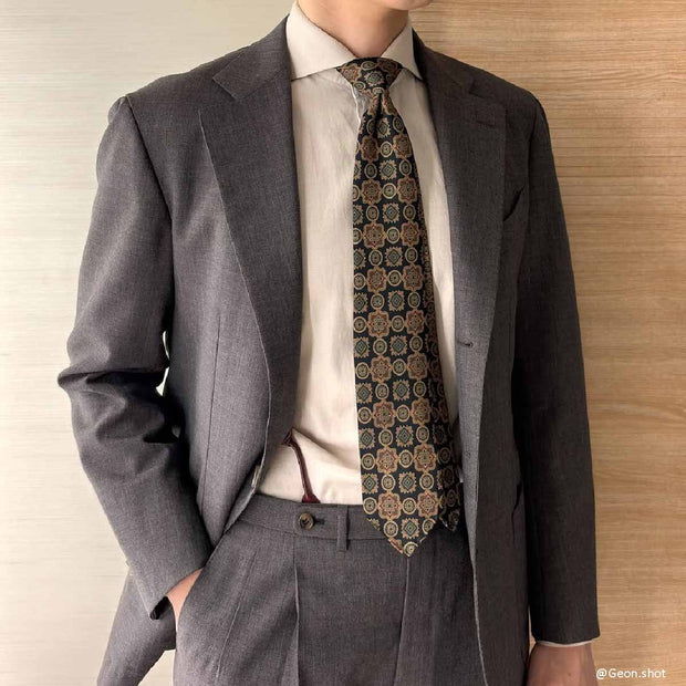 Brown silk hand made tie with medalions