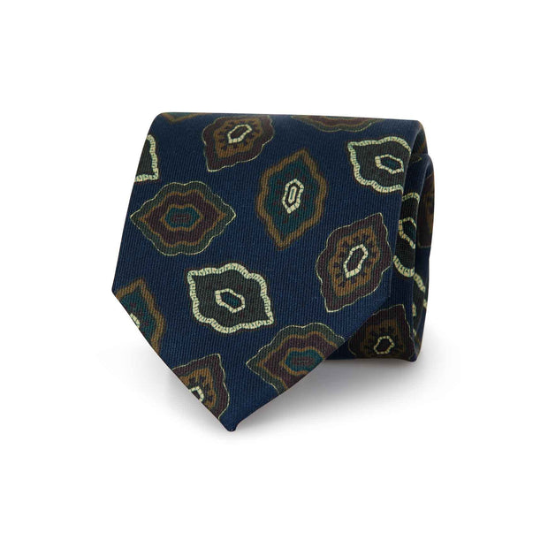 Cravatta stampata blu con motivo vintage beige e marrone 