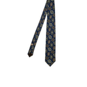 Cravatta stampata blu con motivo vintage beige e marrone 
