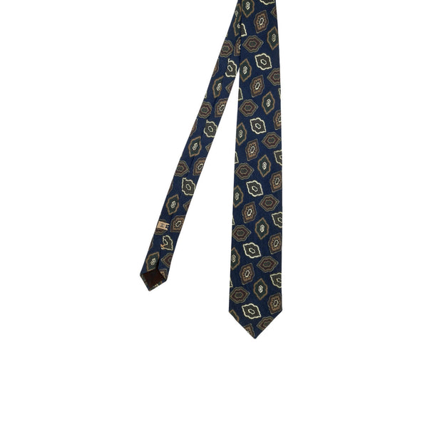 Cravatta stampata blu con motivo vintage beige e marrone 