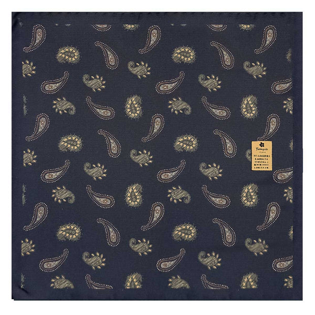 Dark blue paisley design printed silk pocket square