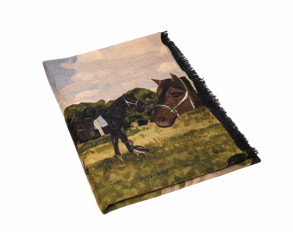 Sciarpa In Seta Twill 18 Momme Double Face Con Stampa Cavalli, 90x90cm, Vintage, Fatto A Mano