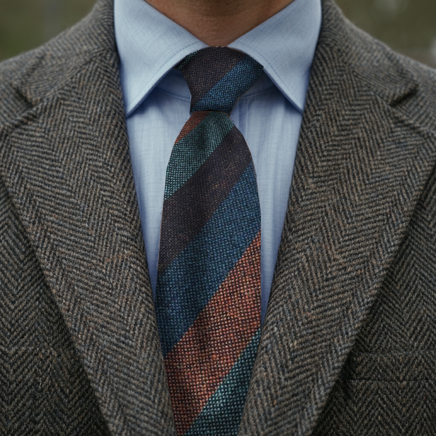 Regimental wool hand made donegal tie brown, blue, orange unlined