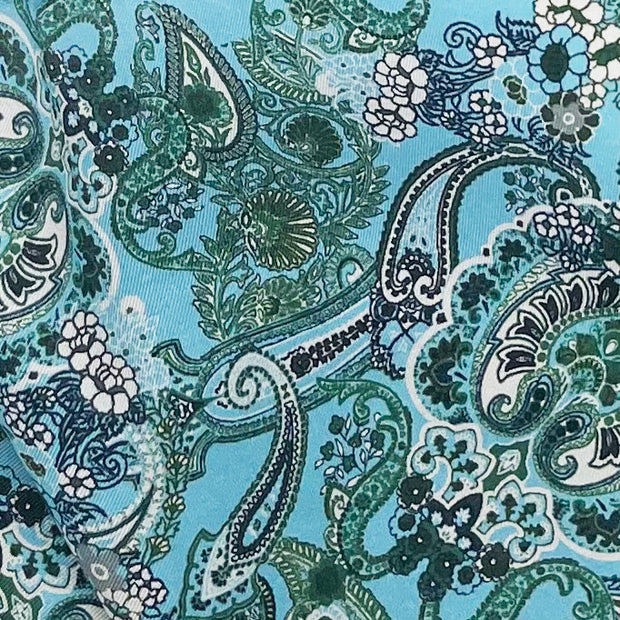 Fazzoletto azzurro e verde con fiori e paisley in seta-cotone