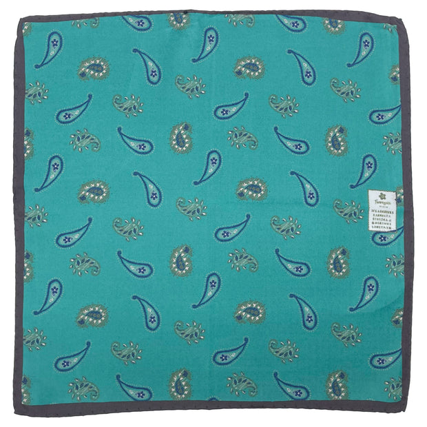 Green paisley design printed silk pocket square