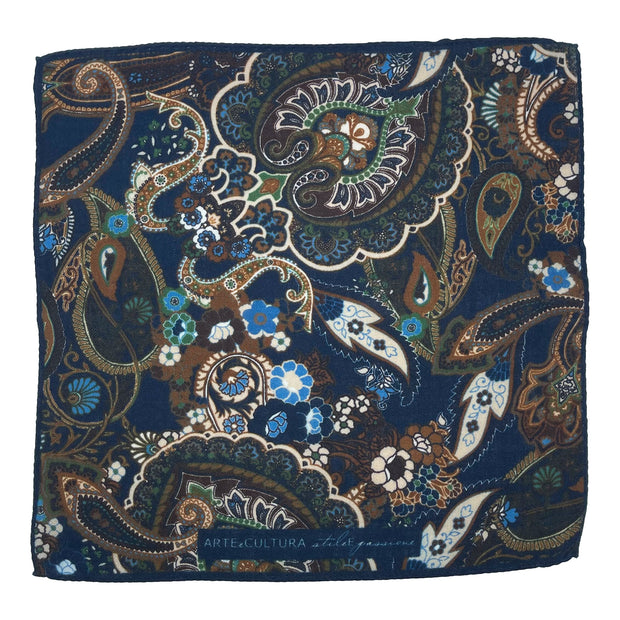 Blue Pure Italian Wool Abstract Paisley Design Pocket Square