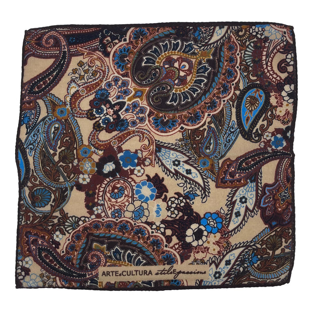 Beige Pure Italian Wool Abstract Paisley Design Pocket Square