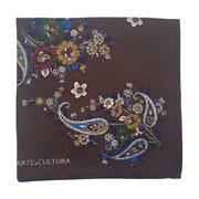 Bandana foulard marrone in seta-cotone con stampa di fiori e paisley